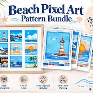 Puede incluir: Un paquete de patrones de arte de píxeles de playa con 9 diseños imprimibles. La colección incluye patrones basados en cuadrículas de faros, olas del mar, atardeceres y palmeras, con leyendas de color y cuadrículas de 42x42 píxeles.