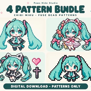May include: A digital download bundle featuring four Chibi Miku fuse bead patterns by Paws Hide Studio. The pixel art designs display a character with long teal twin tails in various outfits, including a dress and cat ears, with a heart and cross.
