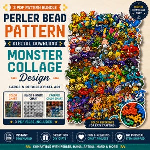 Gen 1 Monster Fuse Bead Pattern Bundle, Epic Pixel Art PDF, Color & Black White Charts, Large Perler/Hama/Mard/Artkal Bead Template