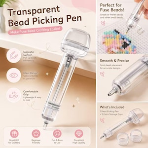 Peut inclure: Un stylo transparent pour ramasser les perles, avec un design clair, une aspiration magnétique et une prise en main confortable. Le stylo est conçu pour les perles à repasser et comprend deux godets de stockage supplémentaires. Le texte dit : "Make Fuse Bead Crafting Easier!"