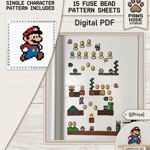 May include: A digital PDF containing 15 fuse bead pattern sheets featuring pixel art characters and elements from a video game. The patterns include a character in a red hat and blue overalls, gold coins, green pipes, blocks, and various creatures.