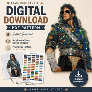 Puede incluir: Un patrón PDF de descarga digital para un proyecto de arte con cuentas de píxeles que muestra a una persona con cabello oscuro, gafas de sol y una chaqueta estampada en azul, verde y plateado, incluyendo una tabla de colores.