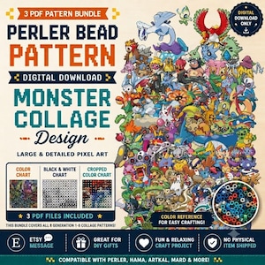 Zestaw koralików Perler z serii Pokemon Gens 1-8, kolaż z motywem potworów w stylu Pixel Art, siatka koralików Hama Fuse, wysłane wiadomością Etsy, cyfrowe pobieranie plików PDF