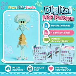 May include: A digital PDF pattern for a block-style character featuring a light blue head and torso, a tan midsection, and light blue limbs. The image includes text: Paws Hide Studio, Digital PDF Pattern, Instant Download, 4 Pages Included, Pattern + Assembly Guide, Instant Download, Digital File Only, Fun to Build, Cute to Display.