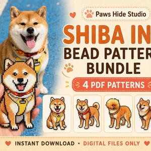 May include: A Shiba Inu bead pattern bundle featuring four PDF patterns. The graphic displays a real Shiba Inu dog and a pixelated bead art version of the dog wearing a yellow harness. Text includes Paws Hide Studio, Shiba Inu Bead Pattern Bundle, 4 PDF Patterns, and Instant Download Digital Files Only.
