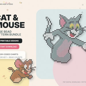 Katt och mus Fuse-pärlmönsterpaket, 4 utskrivbara PDF-diagram, direktnedladdning
