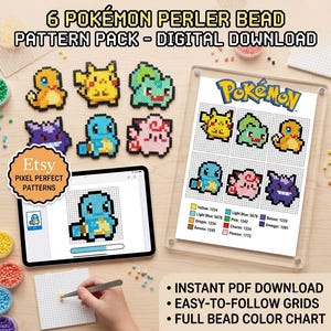 May include: A digital download set of 6 Pokémon perler bead patterns featuring pixel art designs of Pikachu, Bulbasaur, Charmander, Squirtle, Jigglypuff, and Gengar. Includes a printable grid chart with color codes and a tablet displaying a pattern.