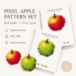 Puede incluir: Un conjunto de patrones de manzana en píxeles que incluye una manzana roja y una verde. El set contiene dos patrones en formatos PDF y PNG. La imagen muestra tarjetas impresas con los diseños de cuentas junto a dos manzanas hechas de cuentas.