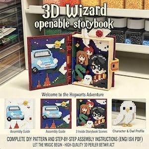 Könnte beinhalten: Ein aufklappbares 3D-Bilderbuch aus Bügelperlen mit einem blauen Auto, einer Zaubererfigur und einer Eule. Der Text lautet 3D Wizard openable storybook, Welcome to the Hogwarts Adventure, Assembly Guide, 3 Inside Storybook Scenes und Character & Owl Profile.