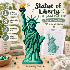 Könnte beinhalten: Ein digitales Bügelperlenmuster der Freiheitsstatue als Download mit einer verpixelten grünen und türkisfarbenen Figur sowie einer orangefarbenen Fackel. Enthält ein druckbares PDF, eine farbcodierte Vorlage und den Text Statue of Liberty.