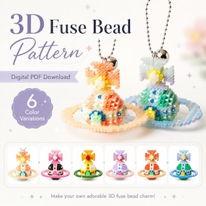 May include: 3D Fuse Bead Pattern digital PDF download featuring six colour variations of a planet-shaped charm with a cross topper. The charms are constructed from small plastic beads and include a silver-toned ball chain for hanging as an accessory.