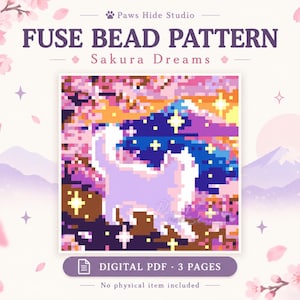 Sakura Cat Fuse-pärlmönster PDF, 52x52 Körsbärsblom Pixel Art