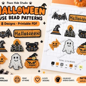Może przedstawiać: Cyfrowy arkusz wzorów PDF z ośmioma projektami koralików do prasowania o tematyce Halloween, w tym nietoperzem, dynią, duszkiem, kotem i kapeluszem czarownicy. Dokument przedstawia układ siatki z kluczem kolorów, liczbą koralików i tekstem Paws Hide Studio.