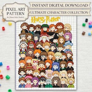 May include: A digital pixel art pattern featuring a grid of numerous small, stylized characters from the Harry Potter series. The top banner displays the text PIXEL ART PATTERN By Paws Hide Studio, INSTANT DIGITAL DOWNLOAD, and ULTIMATE CHARACTER COLLECTION.