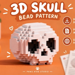 May include: A 3D skull bead pattern featuring a white pixelated skull with black eye sockets and nasal cavity. The text reads 3D SKULL BEAD PATTERN, DIGITAL DOWNLOAD, PDF INCLUDED, ENGLISH PATTERN, and PAWS HIDE STUDIO. The design is on an orange background.