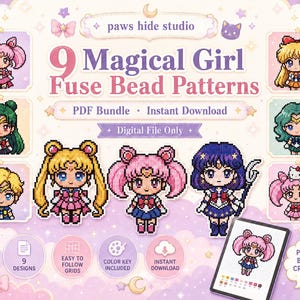 May include: A digital bundle of 9 Magical Girl fuse bead patterns by paws hide studio. The graphic features pixel art characters with colorful hair and outfits, including icons for 9 designs, easy to follow grids, color key, and instant download.
