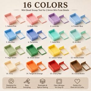 Puede incluir: Dieciséis mini herramientas de cuchara para cuentas en varios colores, incluyendo rosa, azul, verde y amarillo. Cada cuchara tiene una bandeja a juego. El texto de la imagen dice "16 COLORES" y "Mini Bead Scoop Tool for 2.6mm Mini Fuse Beads."