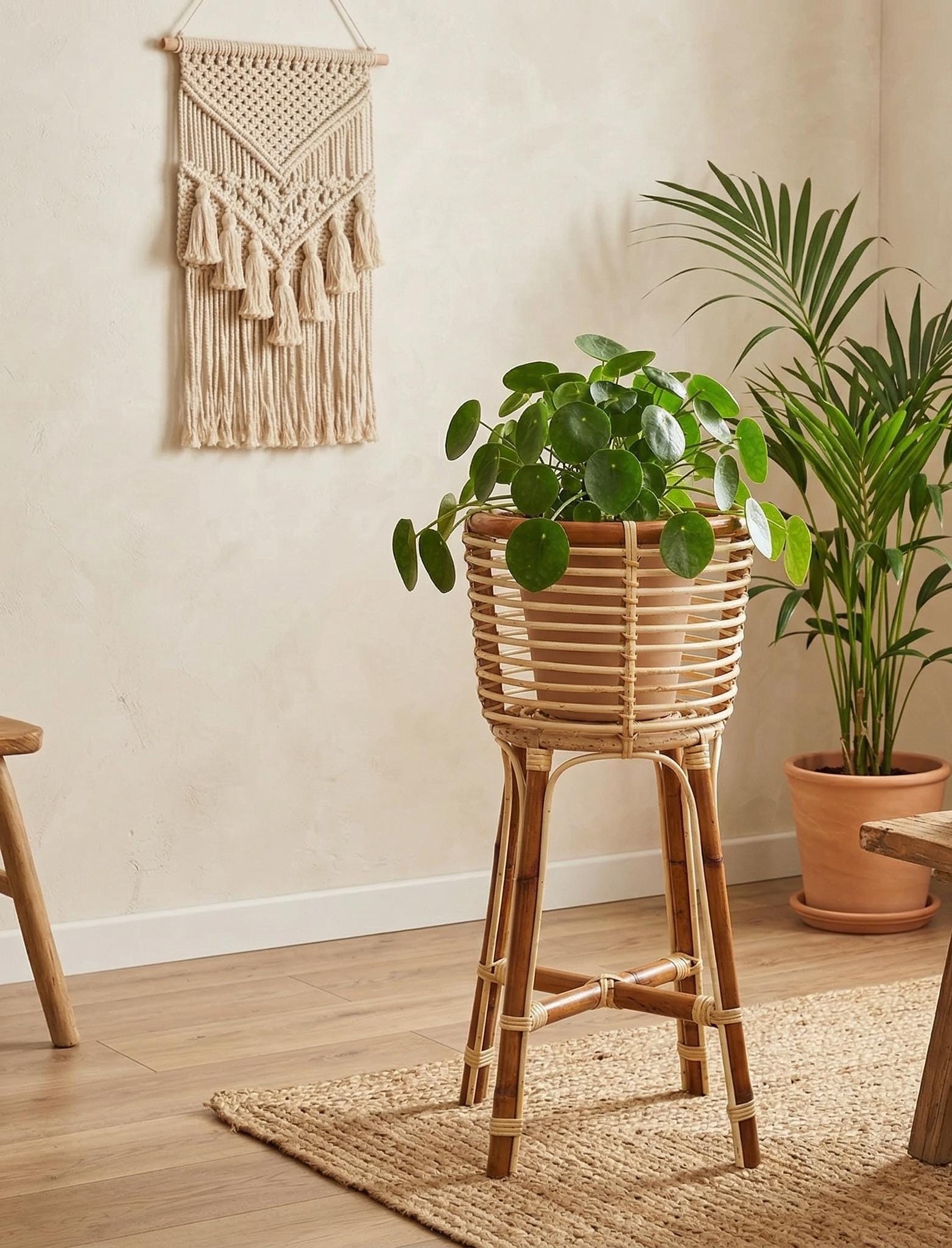 Supporto Per Piante In Rattan E Legno, Con Gambe Triangolari, Cesto Per Fiori, Decorazione Interni/Esterni, Naturale