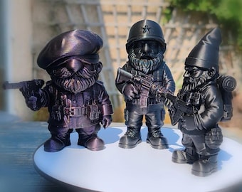 Military Gnome Figurine Set, Funny Tactical Gnome Gift, 3D Printed Desk Decor – "The Bearded Brigade"