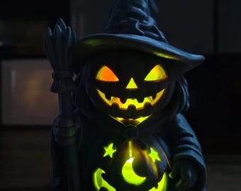 Pumpkin Witch Figurine, 3D Printed Halloween Decor, Spooky Lantern Ornament