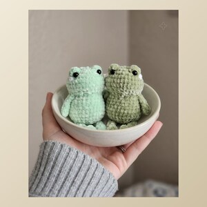Peut inclure: Deux petites figurines de grenouilles en crochet pelucheux assises dans un bol en céramique blanc cassé peu profond. Une grenouille est vert menthe clair, tandis que l'autre est vert olive foncé. Elles ont des yeux noirs et des accents blancs.