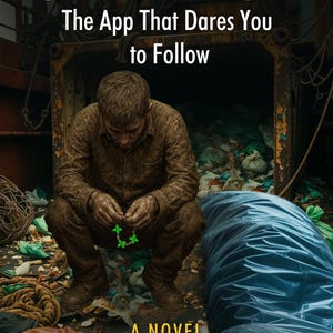 May include: Book cover for "SKYDROP" by Joseph Briganti. The title is in large, gold letters above the tagline "The App That Dares You to Follow." A person sits amidst trash, holding a green object. The book is labeled "A Novel."