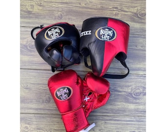 Personalized Boxing Set, Leather Gloves and Headgear, Custom Logo