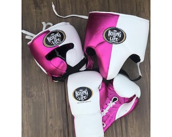 Pink & White Boxing Gear Set – Premium Headgear, Lace-Up Gloves and Groin Guard | Stylish Metallic Finish