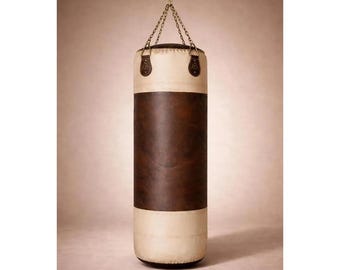 Vintage Cowhide Leather Punching Bag with Golden Chain – Heavy Duty Boxing, MMA Unfilled/Filled
