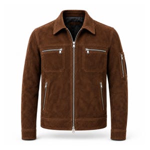 May include: A dark brown suede jacket featuring a classic collar, a full-length silver-tone front zip, two chest pockets with silver zips, two lower side pockets with silver zips, and a small zipped utility pocket on the left sleeve.