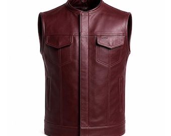 Bordeauxrood rundleer bikervest heren motorvest mouwloos motorjack echt leer handgemaakt