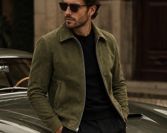 Giacca bomber da uomo in pelle scamosciata verde oliva, classica, casual, con cerniera.
