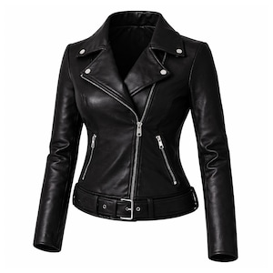 Peut inclure: Une veste en cuir noir dotée d'un revers cranté avec des boutons-pression en métal argenté, une fermeture éclair frontale diagonale, deux poches latérales zippées et une ceinture en cuir noir assortie avec une boucle en métal argenté.