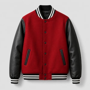 May include: A red varsity jacket with black leather sleeves. The jacket has a black and white striped collar, cuffs, and hem. It features a button-up front and two front pockets with black trim.