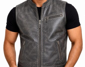 Chaleco de cuero de vaca gris para hombre, estilo motero, con cremallera frontal.