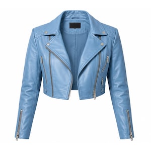 May include: A light blue cropped motorcycle jacket featuring a wide notched collar, silver-toned metal zippers on the front and cuffs, and quilted shoulder detailing. The jacket has a smooth finish and a structured fit with a central zip closure.