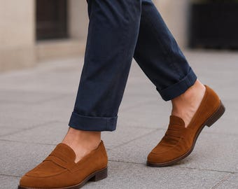 Men's Brown Suede Leather Loafers Handmade Penny Dress Shoes Casual Slip On Footwear Men
