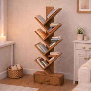 Puede incluir: Una estantería de madera alta con forma de árbol, con un eje central vertical y estantes inclinados hacia afuera. La unidad cuenta con una base rectangular con un cajón de almacenamiento y está llena de varios libros apilados en los niveles.