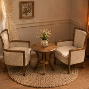 May include: Miniature living room scene with two upholstered armchairs, a round wooden table, and a woven rug. A small vase of flowers sits on the table. The room is decorated in neutral tones with a framed picture and a lamp.