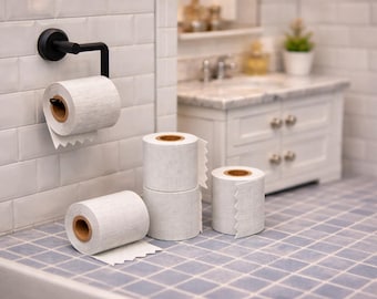 Puede incluir: Una escena de baño en miniatura con varios rollos de papel higiénico blanco, algunos apilados y otros sobre una encimera. Un portarrollos de papel higiénico negro está montado en la pared. La escena se desarrolla sobre un fondo de baldosas blancas.