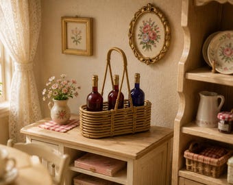 Puede incluir: Una escena interior en miniatura con un mueble de madera clara, una cesta tejida que contiene tres botellas de vino y decoraciones florales. La escena incluye una ventana con cortinas de encaje, obras de arte enmarcadas y una estantería con platos.