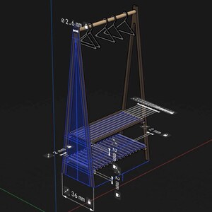 May include: A 3D digital model of an A-frame garment rack with two slatted shelves and a top hanging rod with three hangers. The design includes technical annotations showing a 2.6 mm rod diameter, 2 mm component thickness, and a 36 mm base width.
