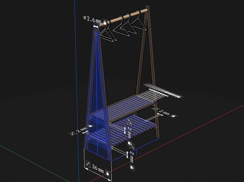 May include: A 3D digital model of an A-frame garment rack with two slatted shelves and a top hanging rod with three hangers. The design includes technical annotations showing a 2.6 mm rod diameter, 2 mm component thickness, and a 36 mm base width.