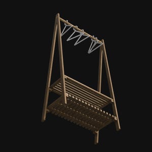 May include: A wooden A-frame garment rack featuring two slatted shelves at the base and a top horizontal bar. Three silver-toned metal hangers are suspended from the top bar. The structure is constructed from light brown wood with a natural finish.