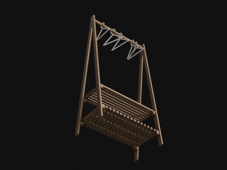 May include: A wooden A-frame garment rack featuring two slatted shelves at the base and a top horizontal bar. Three silver-toned metal hangers are suspended from the top bar. The structure is constructed from light brown wood with a natural finish.