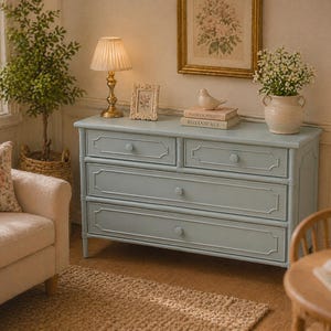 Può includere: Una cassettiera azzurra con quattro cassetti e una cornice decorativa attorno a ciascuno. La cassettiera è sormontata da una lampada, una cornice, libri, una statuetta di uccello e un vaso di fiori bianchi. L'ambiente ha un'estetica vintage e accogliente.