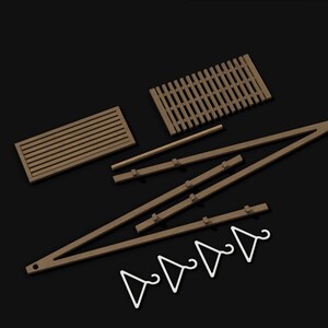 May include: A set of unassembled wooden furniture components including two rectangular slatted panels, three long support beams with small protruding pegs, and four small white triangular hangers arranged on a dark background.