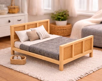 May include: A miniature wooden bed with a woven headboard and footboard. The bed is made up with white and gray bedding and several pillows. A small woven basket with shoes sits at the foot of the bed. The bed is on a light-colored rug.