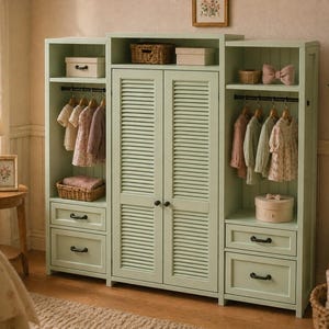 Op de afbeelding: Een lichtgroene houten kledingkast met een centraal gedeelte met lamellen deuren, geflankeerd door open schappen. De kast heeft lades, kledingroedes met kinderkleding en decoratieve manden. Een kleine lamp en een fotolijst zijn zichtbaar.