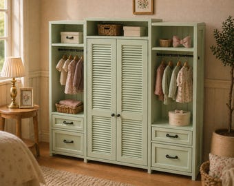 May include: A light green wooden wardrobe featuring a central cabinet with louvered doors, flanked by two open sections with hanging rods for clothing, and four lower drawers with black hardware. The unit includes upper shelves with storage boxes.